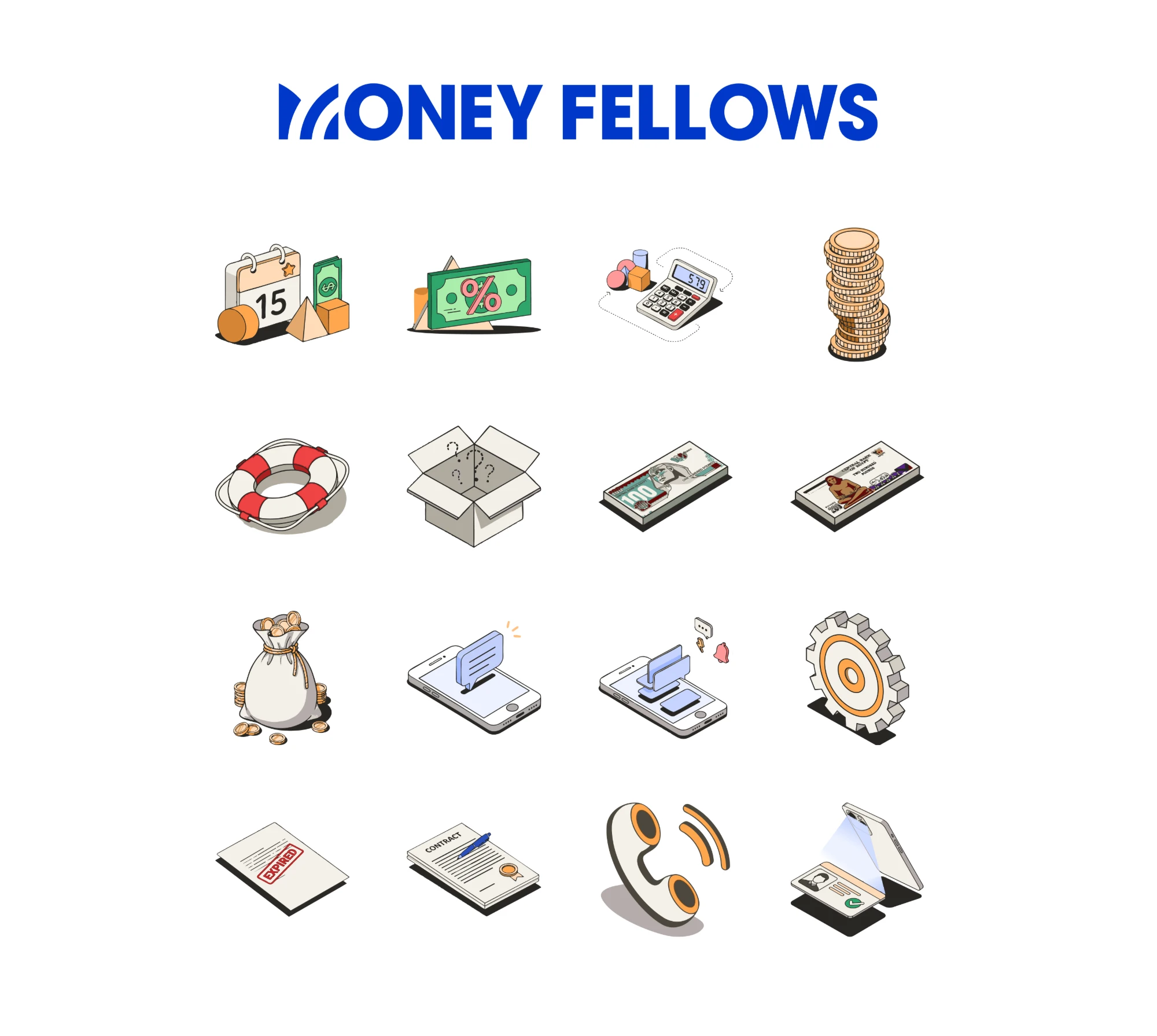 Sheet 1: payout calendar, discount cash, calculator, coin stack, lifebuoy, mystery box, 100 and 200 Egyptian pound notes, money bag, chat and notification phones, settings gear, expired document, contract, phone call and ID scan