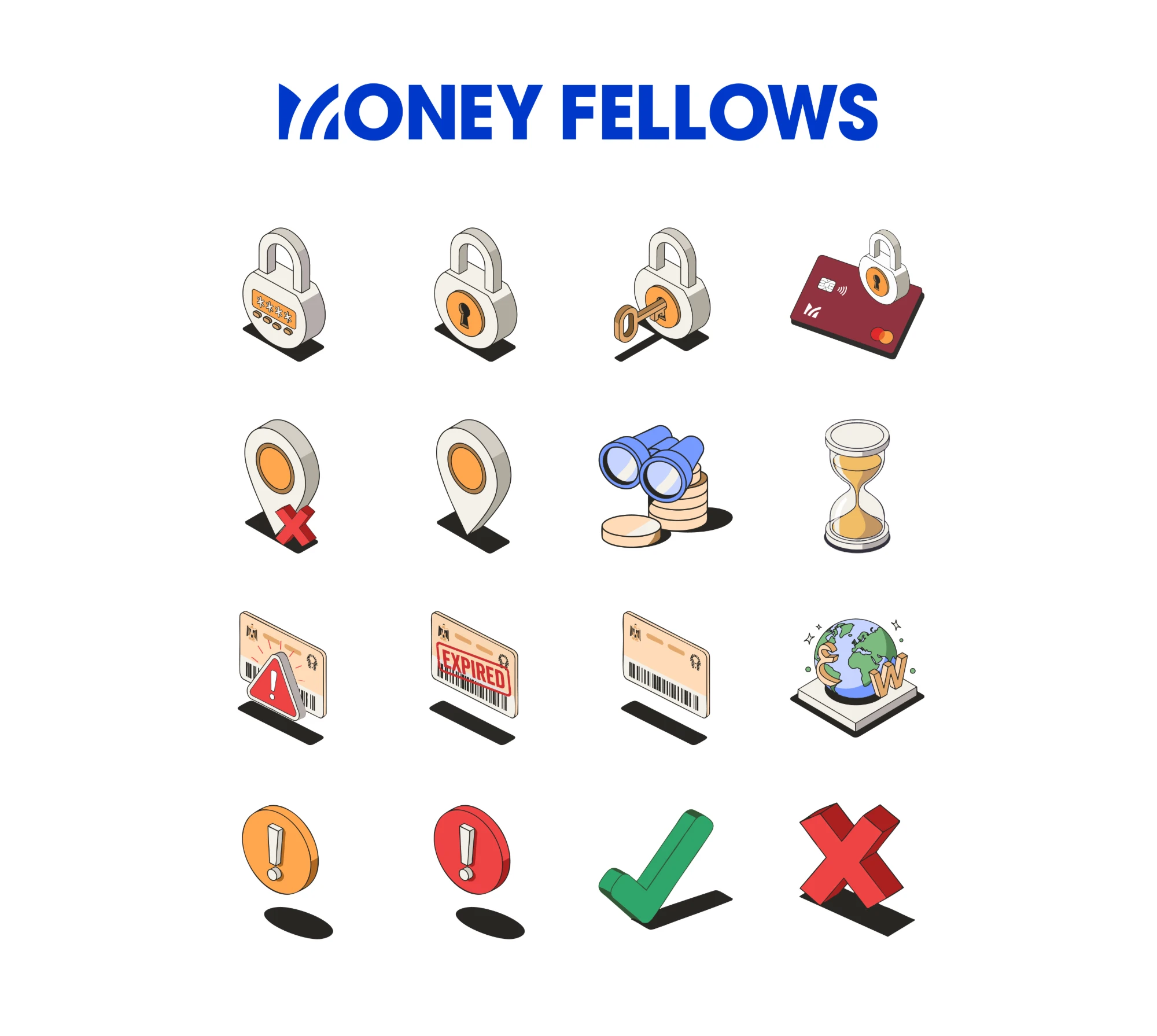 Sheet 2: PIN padlock, locked padlock, padlock with key, locked Money Fellows card, location pins, binoculars on coins, hourglass, national ID cards in warning, expired and valid states, currency globe, orange and red alerts, check mark and cross