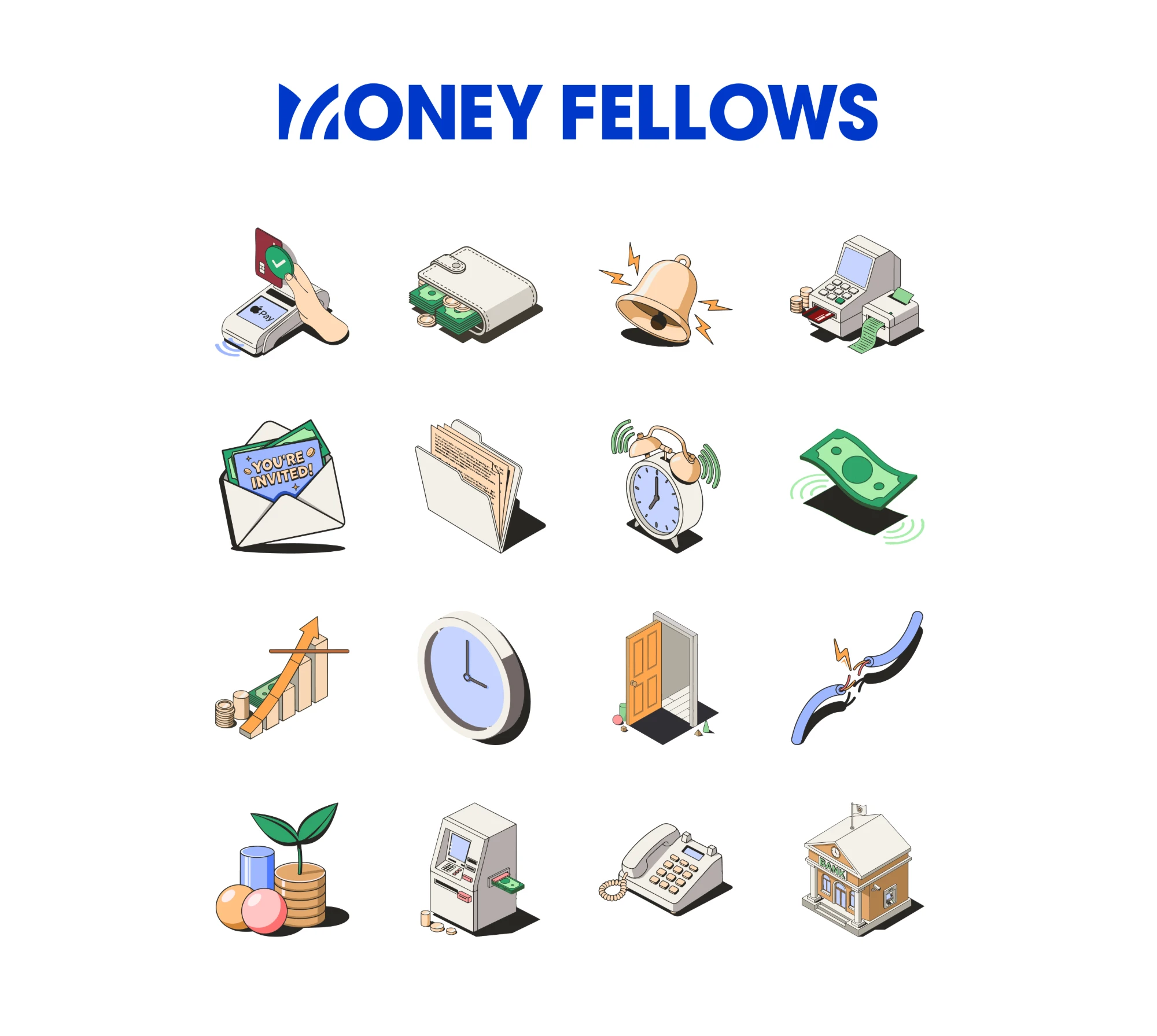 Sheet 3: tap-to-pay terminal, wallet, ringing bell, point-of-sale printer, invite envelope, folder, alarm clock, cash, growth chart, wall clock, open door, broken cable, savings plant, ATM, desk phone and bank
