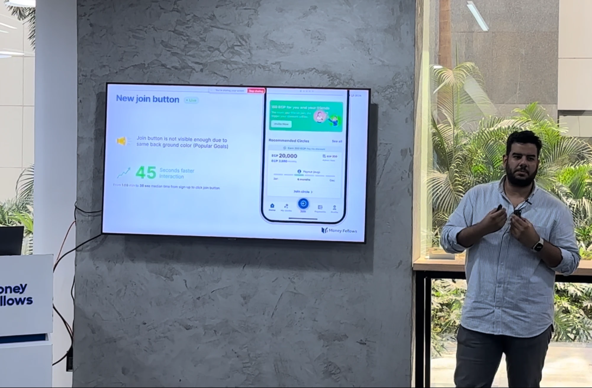 Amir presenting the new join button result: 45 seconds faster interaction