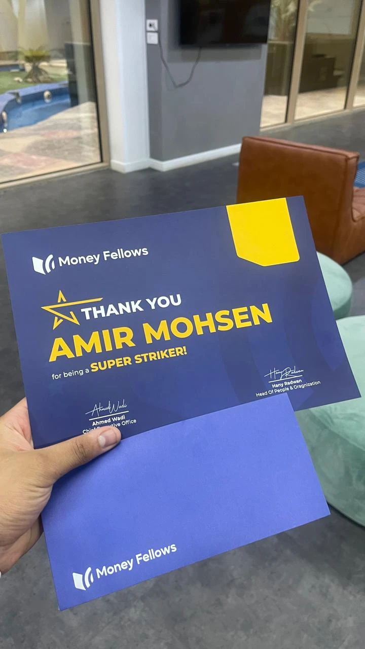 Money Fellows thank-you certificate naming Amir Mohsen a Super Striker